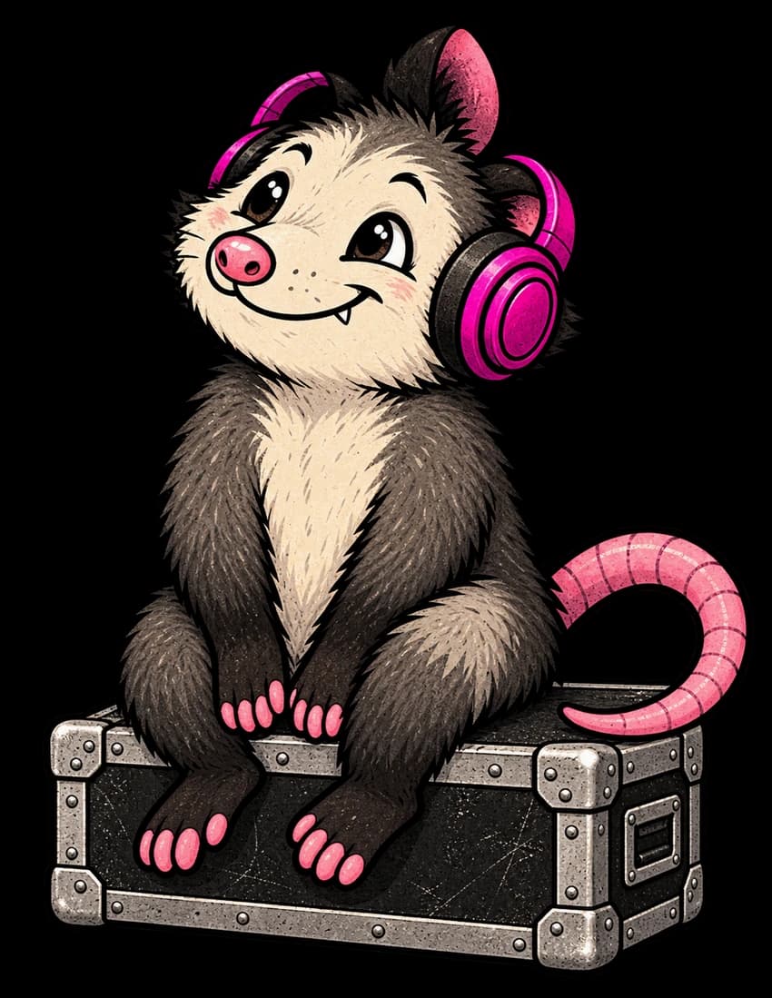 Jinx, a possum with pink headphones and a curling pink tail, quietly listening on a road case