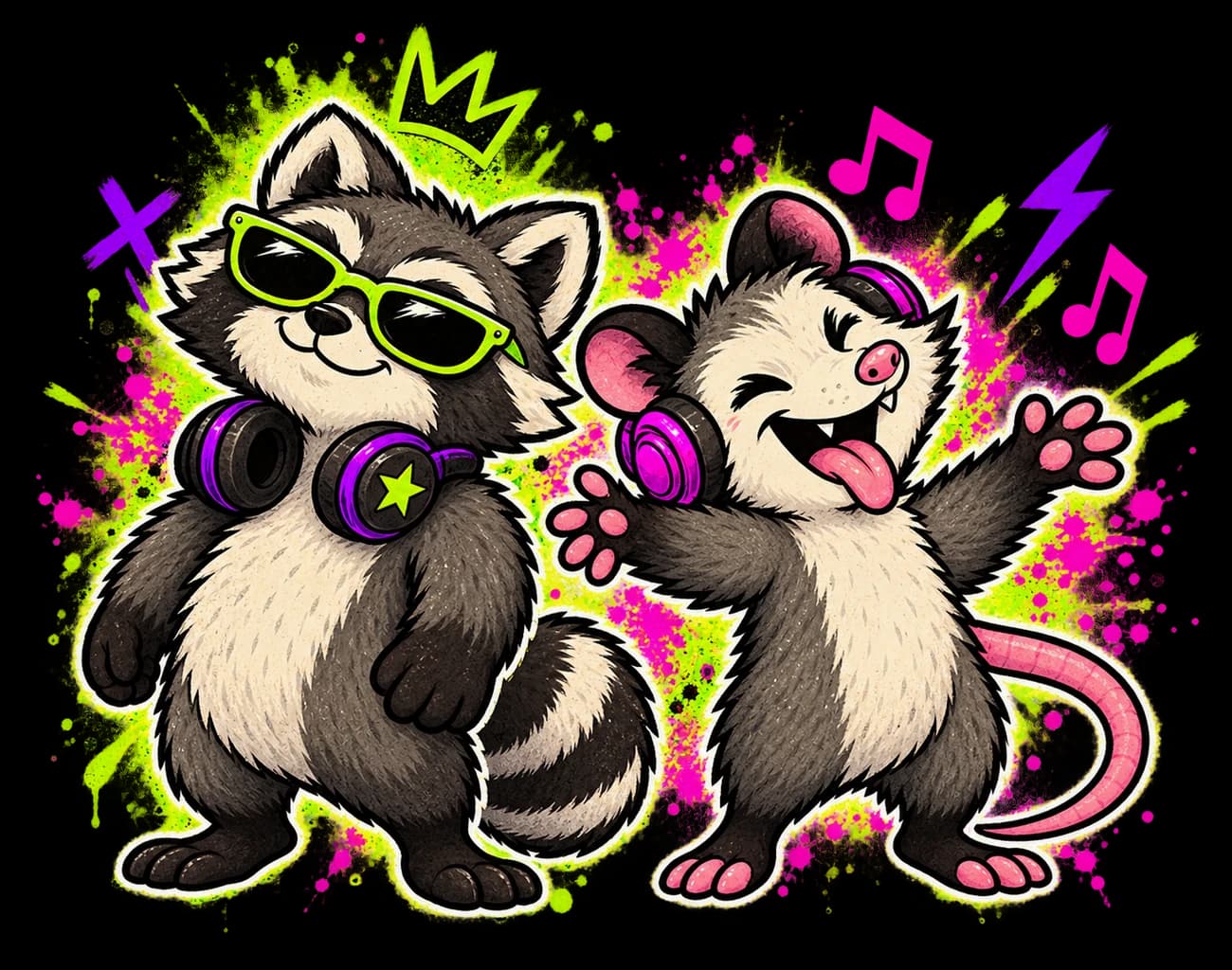 Riff and Jinx, the fictional DJ duo Loose Connections: relaxed Riff beside a welcoming, open-palmed Jinx