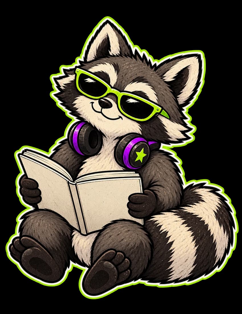 Riff, a raccoon with lime sunglasses and purple headphones, seated with a notebook